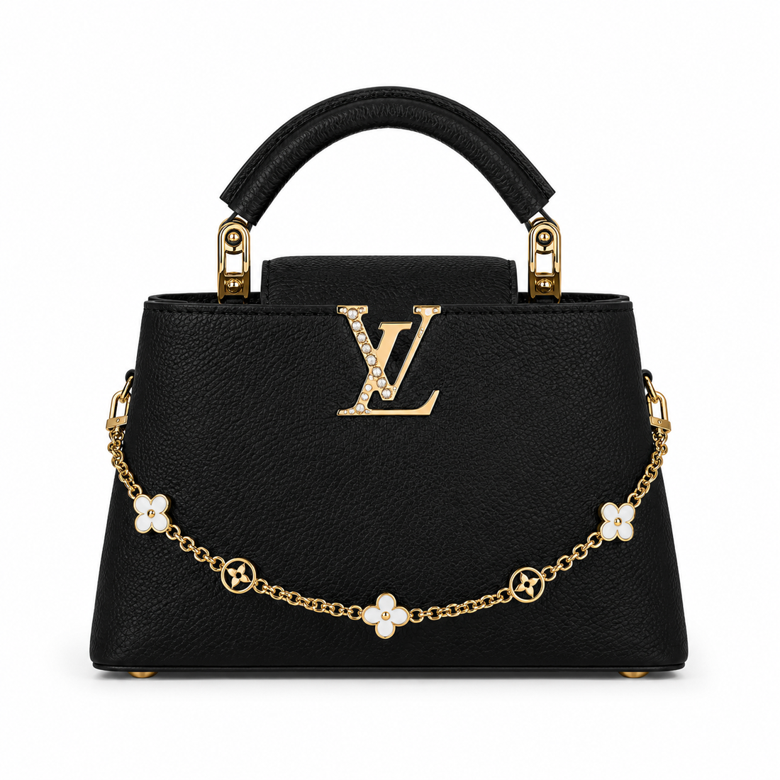 Louis Vuitton Capucines medium black leather handbag with pearl-detailed gold LV logo, floral gold charm chain, structured top handle, and luxury designer styling.