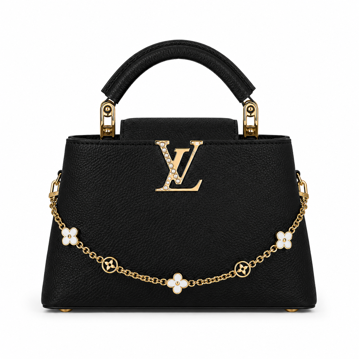 Louis Vuitton Capucines medium black leather handbag with pearl-detailed gold LV logo, floral gold charm chain, structured top handle, and luxury designer styling.