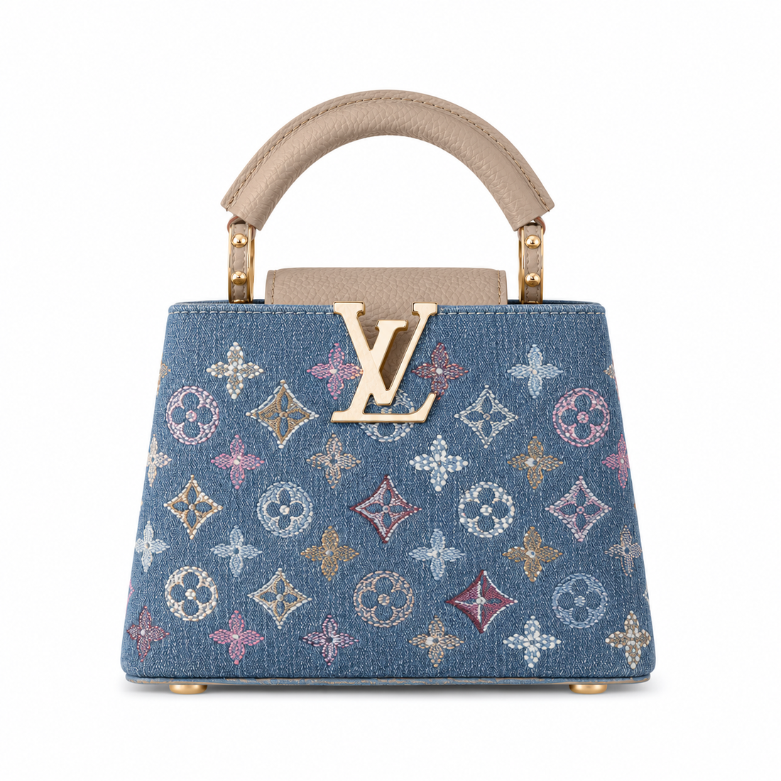 Louis Vuitton Capucines LARGE blue denim monogram handbag with beige leather handle, gold LV logo, structured silhouette, and luxury designer styling.