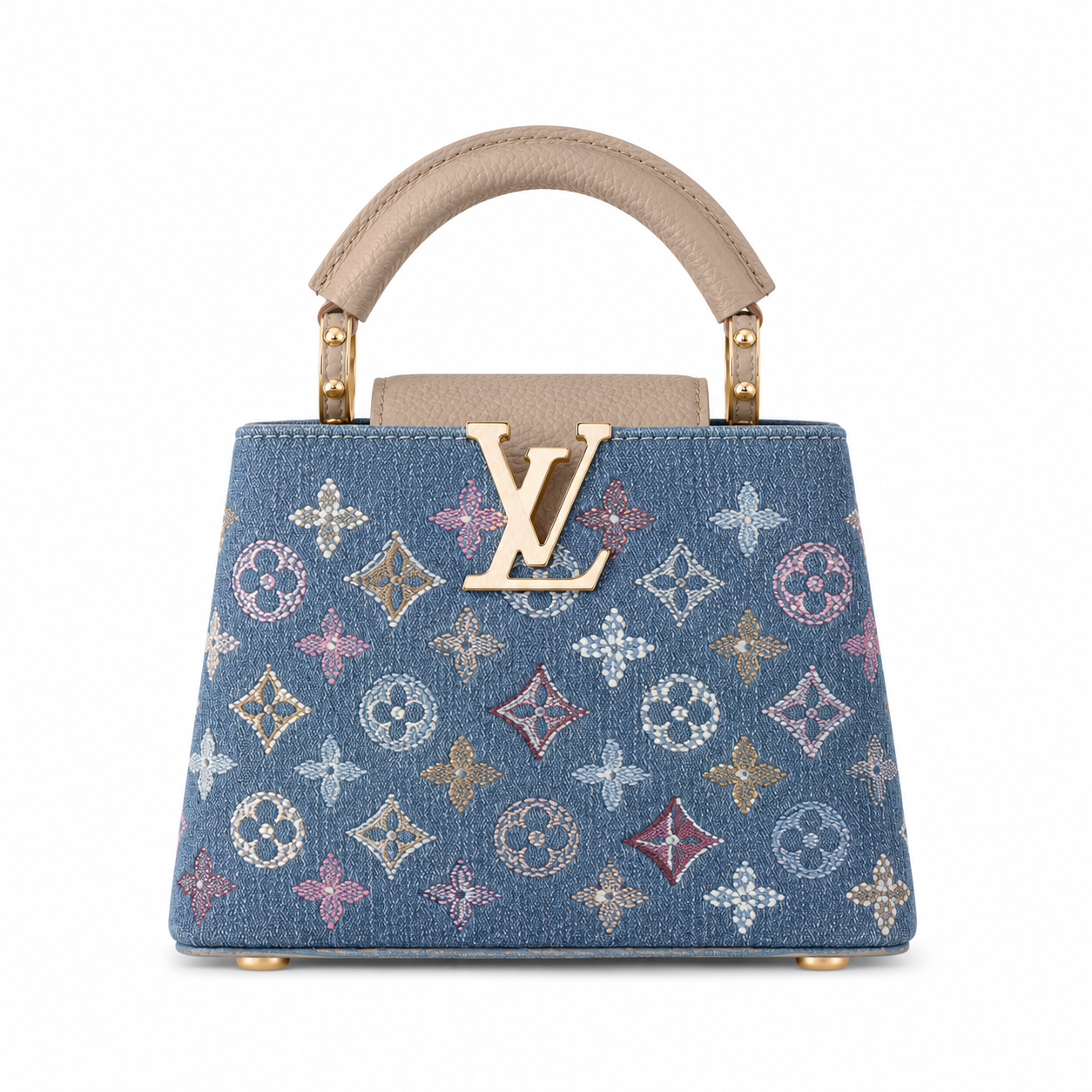 Louis Vuitton Capucines LARGE blue denim monogram handbag with beige leather handle, gold LV logo, structured silhouette, and luxury designer styling.