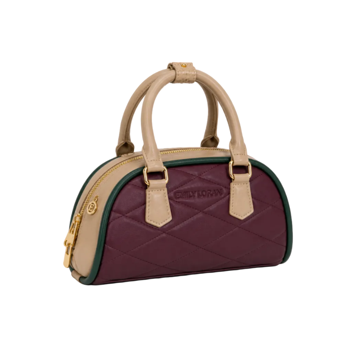 EMILY LORAN beige and plum colorblock quilted dome handbag with dual top handles, green piping, gold-tone hardware, and double zipper closure.