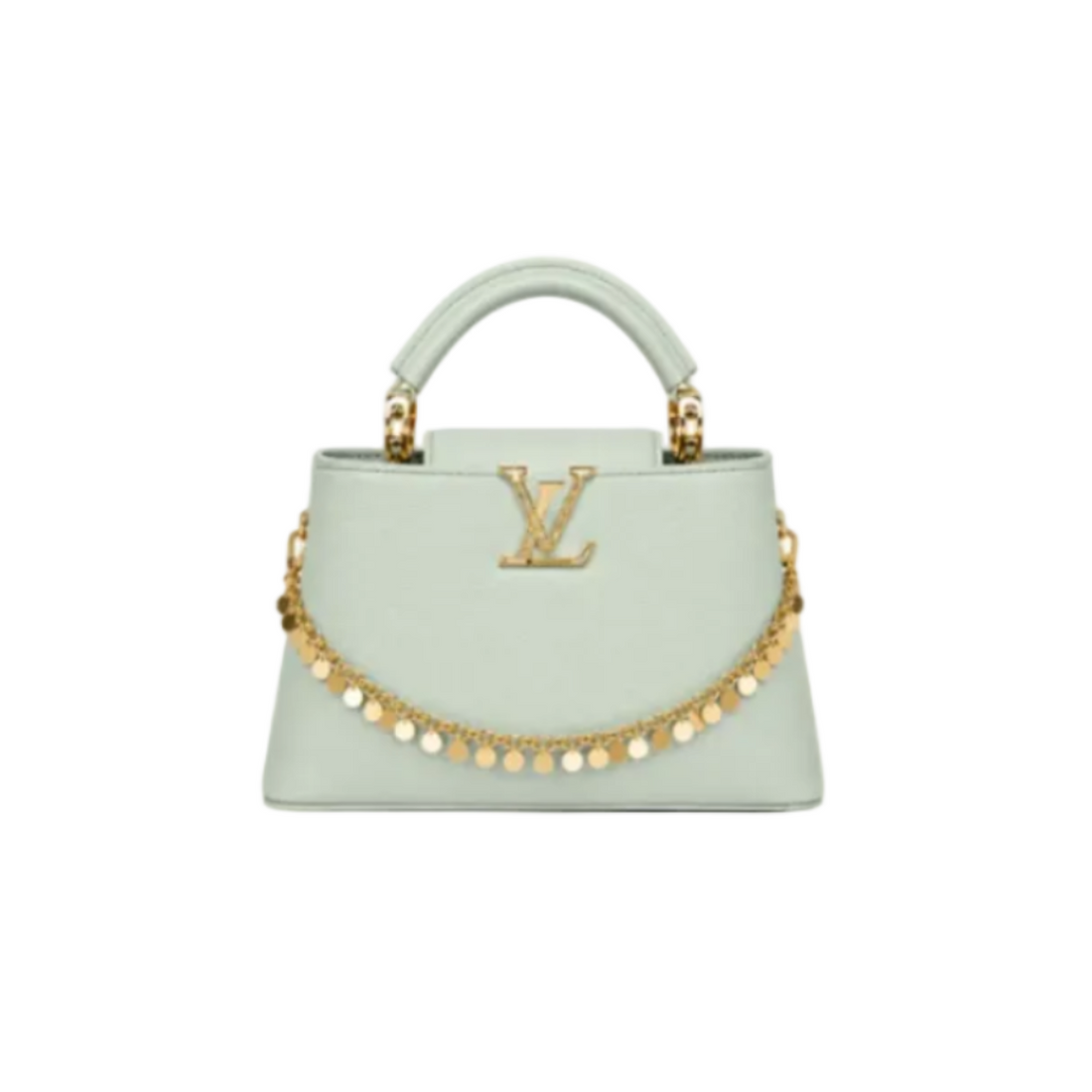 Louis Vuitton Capucines medium mint leather handbag with gold LV logo, decorative gold charm chain, structured top handle, and luxury designer style.