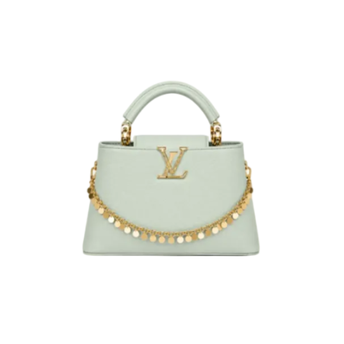 Louis Vuitton Capucines medium mint leather handbag with gold LV logo, decorative gold charm chain, structured top handle, and luxury designer style.