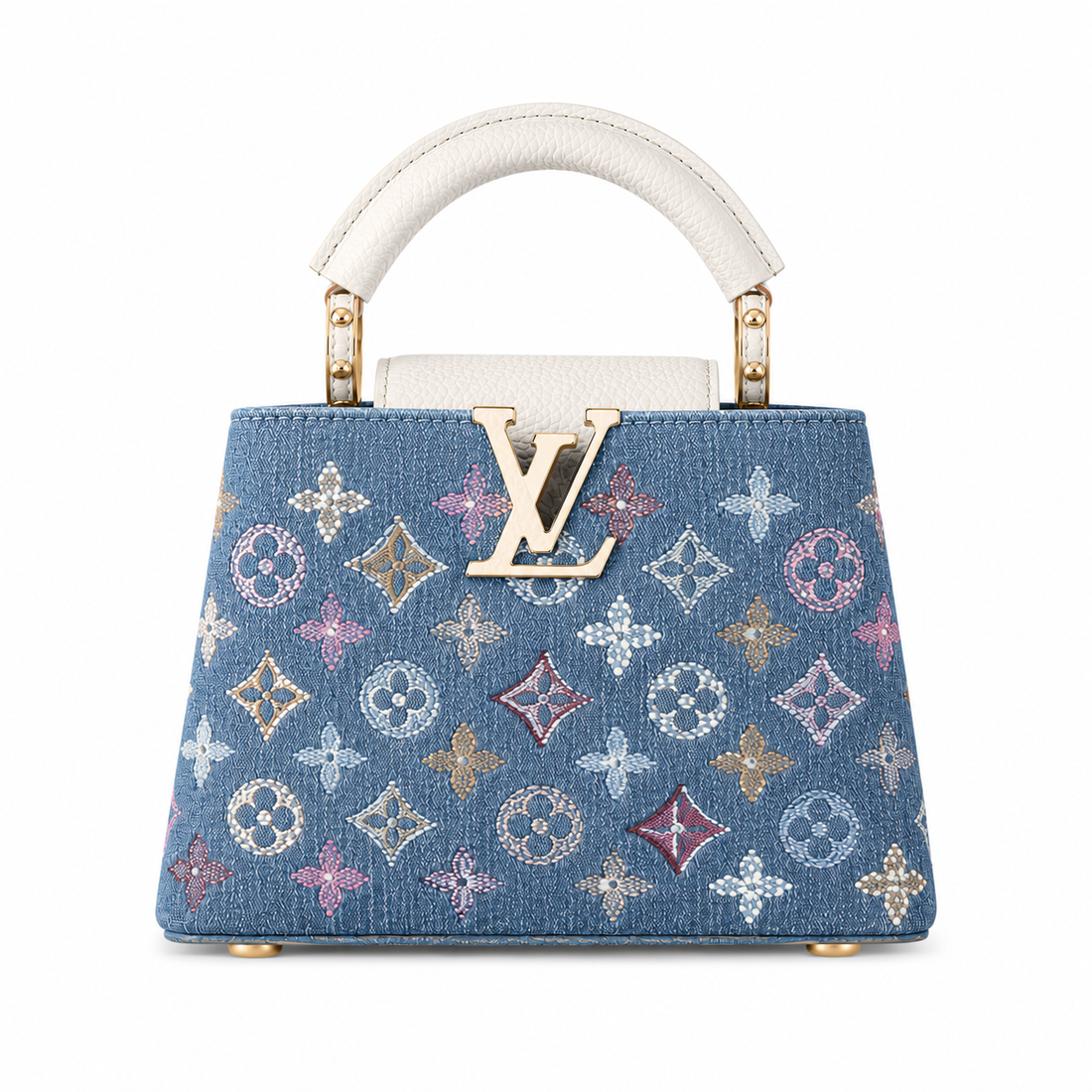 Louis Vuitton Capucines small blue denim monogram handbag with white leather top handle, gold LV logo, and structured luxury design.