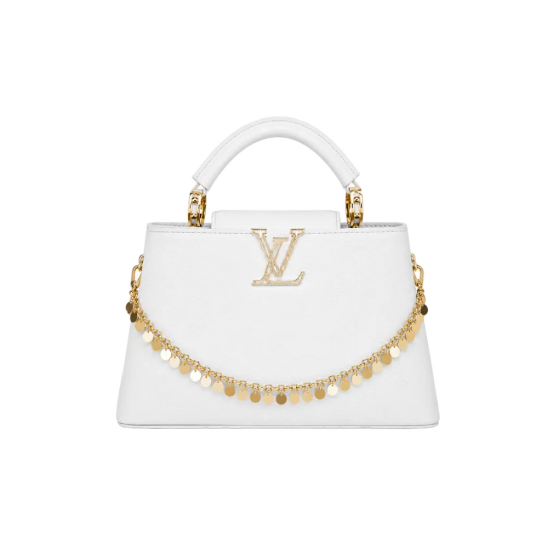 Louis Vuitton Capucines medium white leather handbag with gold LV logo, decorative gold charm chain, structured top handle, and elegant luxury designer style.