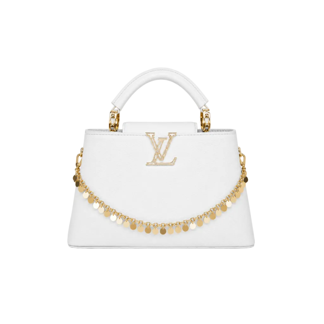 Louis Vuitton Capucines medium white leather handbag with gold LV logo, decorative gold charm chain, structured top handle, and elegant luxury designer style.
