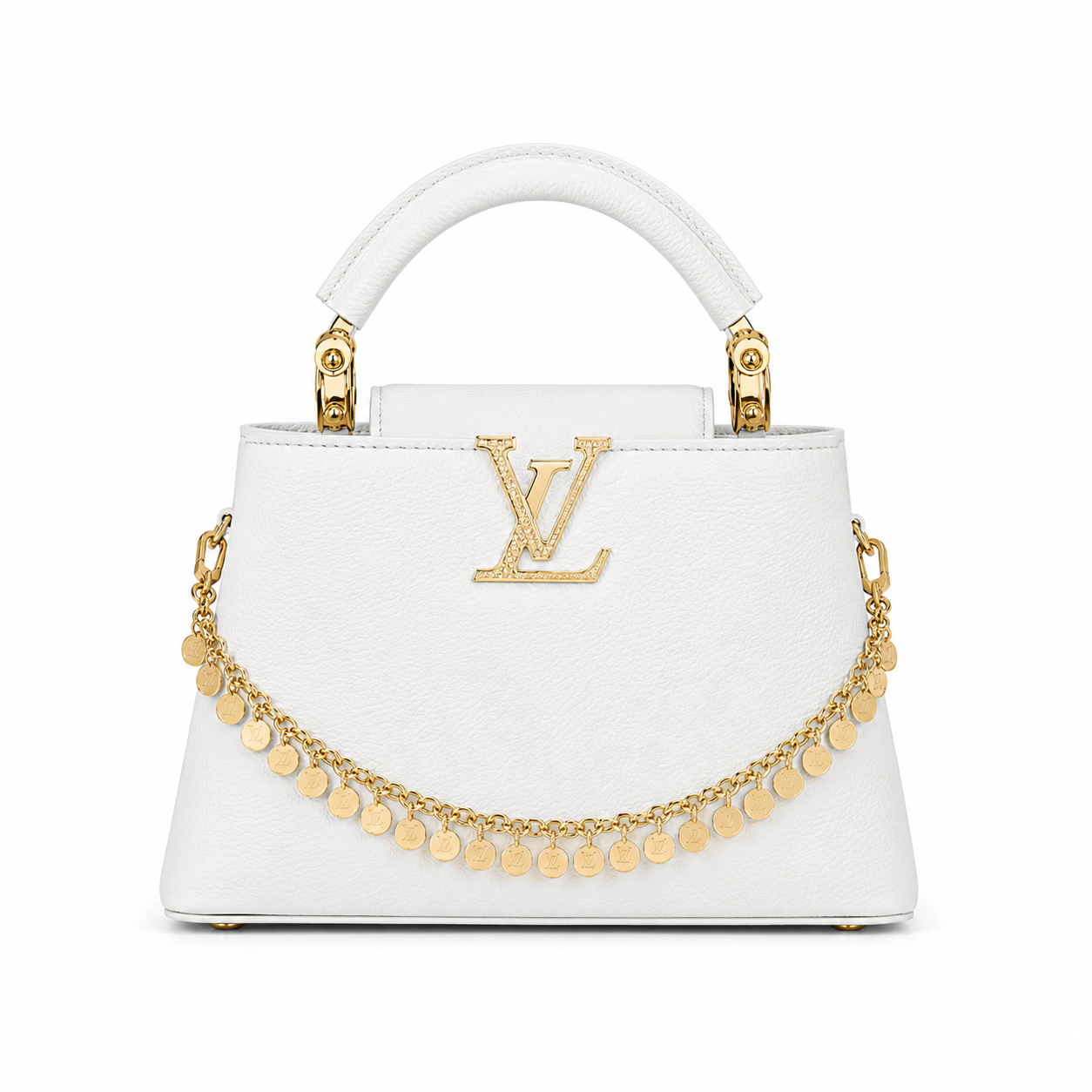Louis Vuitton Capucines small white leather handbag with gold LV logo, decorative gold charm chain, structured top handle, and elegant luxury designer style.