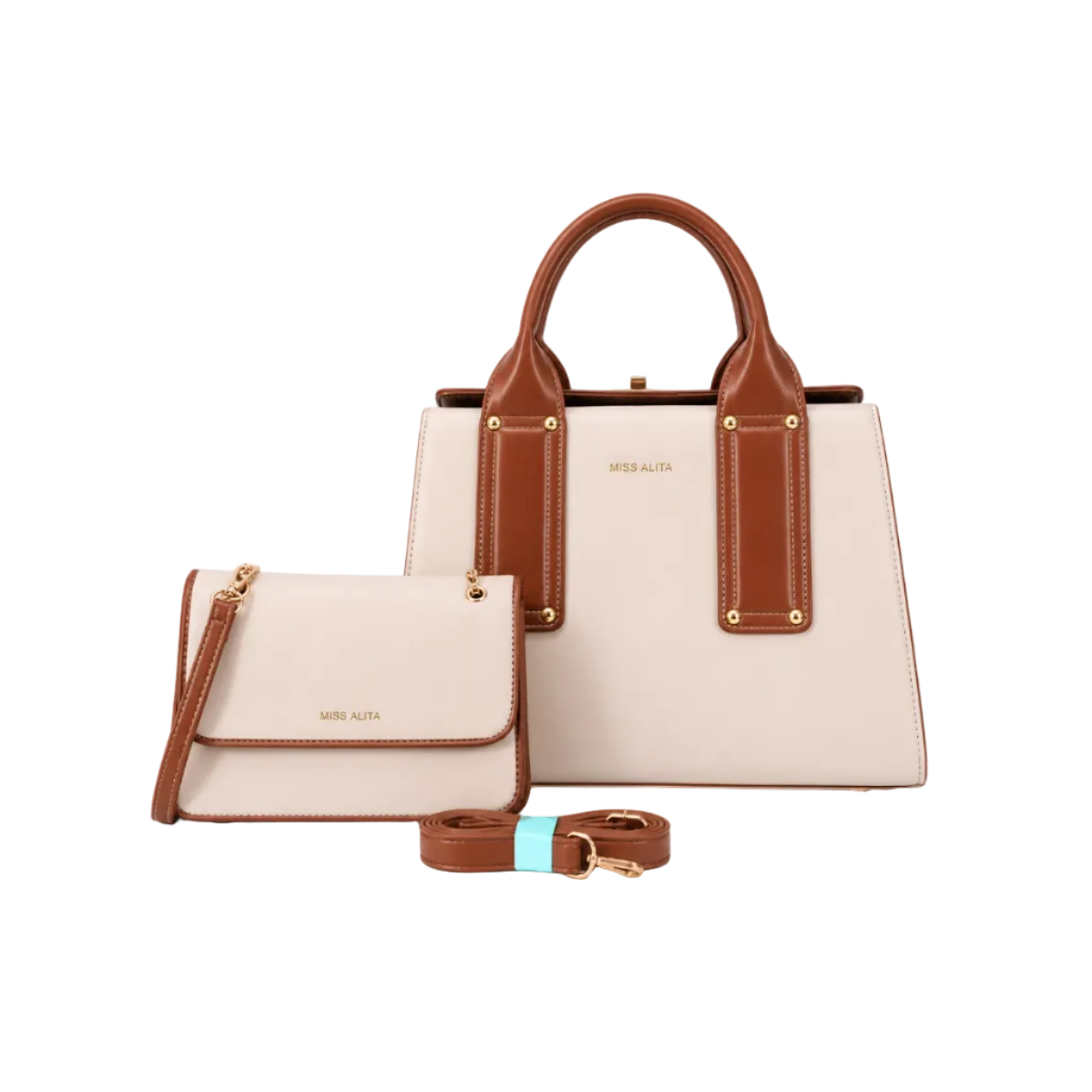 MISS ALITA beige and brown two-piece handbag set featuring a structured top-handle handbag, matching flap crossbody bag, detachable shoulder strap, and gold-tone hardware on a white background.