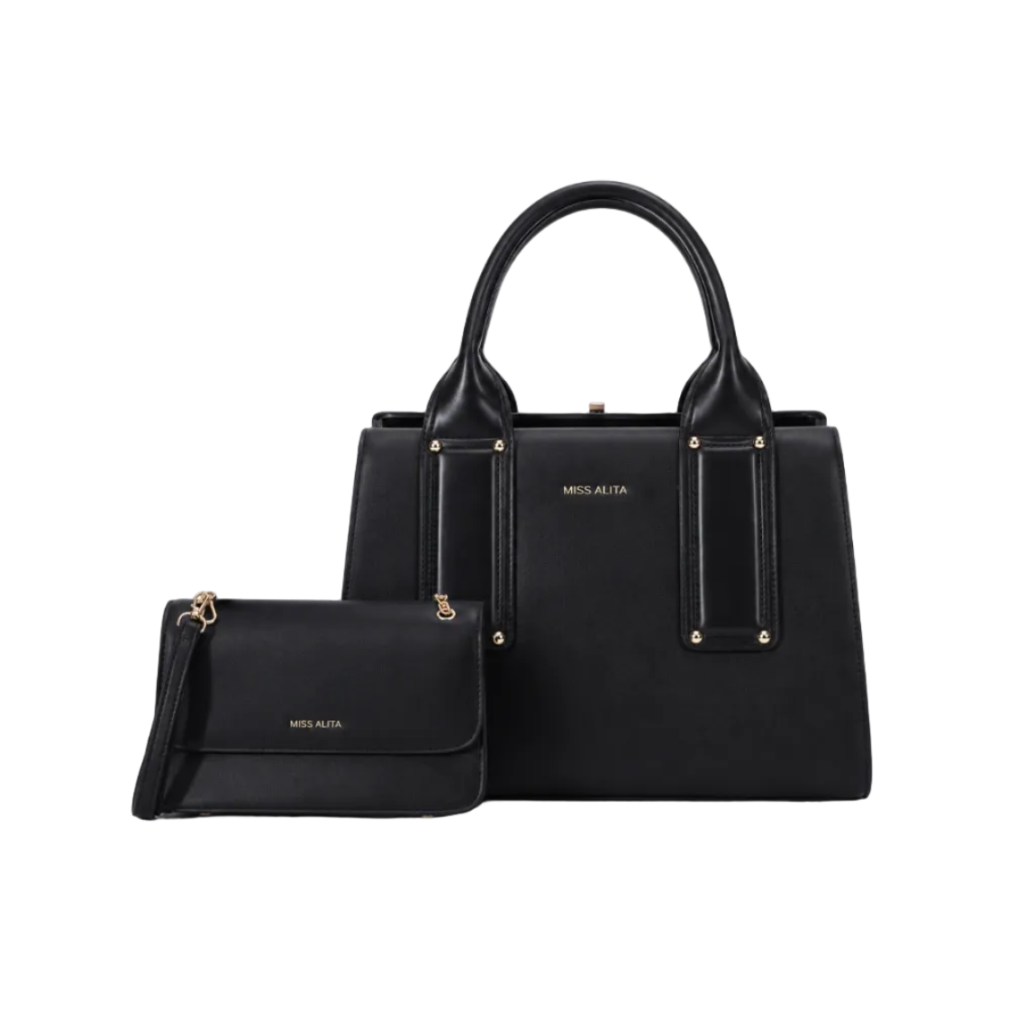 MISS ALITA black two-piece handbag set featuring a structured top-handle handbag, matching flap crossbody bag, detachable shoulder strap, and gold-tone hardware on a white background.