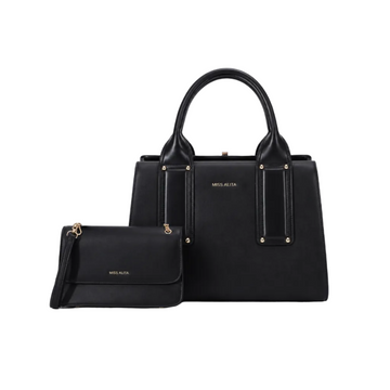 MISS ALITA black two-piece handbag set featuring a structured top-handle handbag, matching flap crossbody bag, detachable shoulder strap, and gold-tone hardware on a white background.