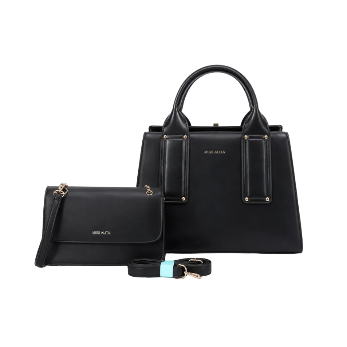 MISS ALITA black 2-piece handbag set featuring a structured top-handle handbag, matching crossbody bag, and detachable shoulder strap on a white background.
