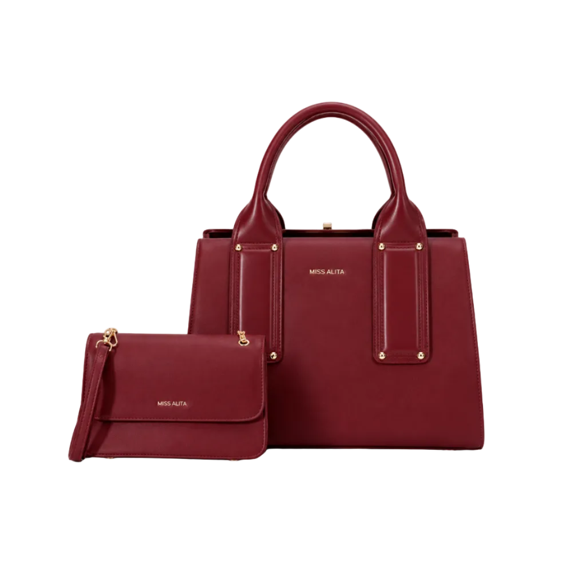 MISS ALITA burgundy two-piece handbag set featuring a structured top-handle handbag, matching flap crossbody bag, detachable shoulder strap, and gold-tone hardware on a white background.
