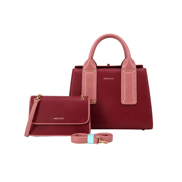 MISS ALITA burgundy and pink two-piece handbag set featuring a structured top-handle handbag, matching flap crossbody bag, detachable shoulder strap, and gold-tone hardware on a white background.