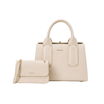 MISS ALITA cream two-piece handbag set with a structured top-handle handbag, matching flap crossbody bag, detachable shoulder strap, and gold-tone hardware on a white background.
