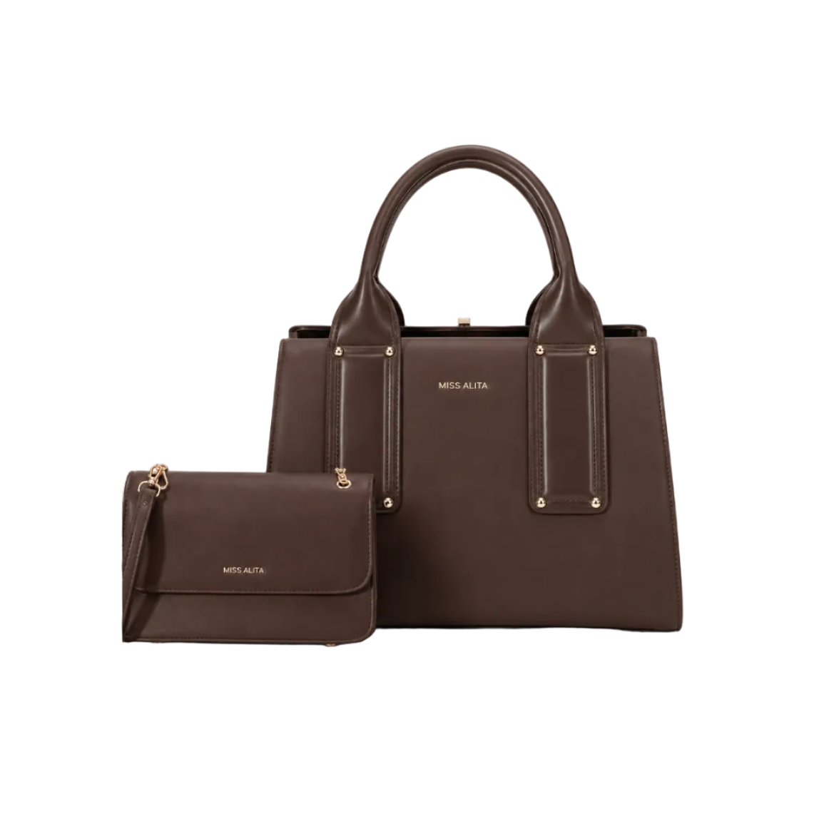 MISS ALITA dark brown two-piece handbag set featuring a structured top-handle handbag, matching flap crossbody bag, detachable shoulder strap, and gold-tone hardware on a white background.