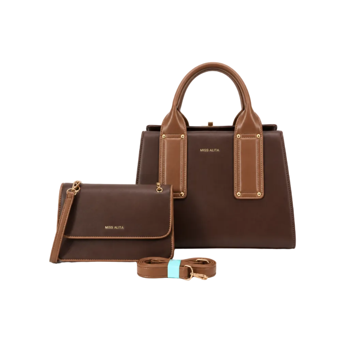 MISS ALITA dark brown and brown two-piece handbag set featuring a structured top-handle handbag, matching flap crossbody bag, detachable shoulder strap, and gold-tone hardware on a white background.