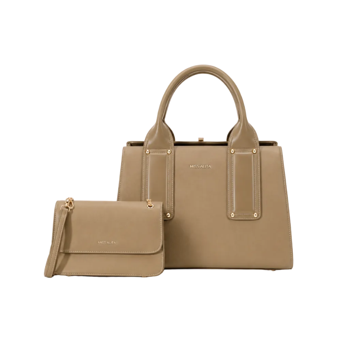 MISS ALITA khaki two-piece handbag set featuring a structured top-handle handbag, matching flap crossbody bag, detachable shoulder strap, and gold-tone hardware on a white background.