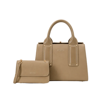 MISS ALITA khaki two-piece handbag set featuring a structured top-handle handbag, matching flap crossbody bag, detachable shoulder strap, and gold-tone hardware on a white background.