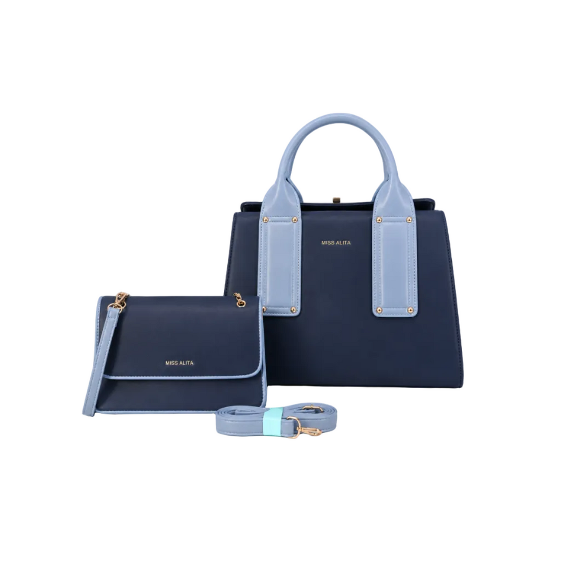 MISS ALITA navy blue 2-piece handbag set with light blue handles and trim, including a structured handbag, matching crossbody bag, and detachable shoulder strap on a white background.