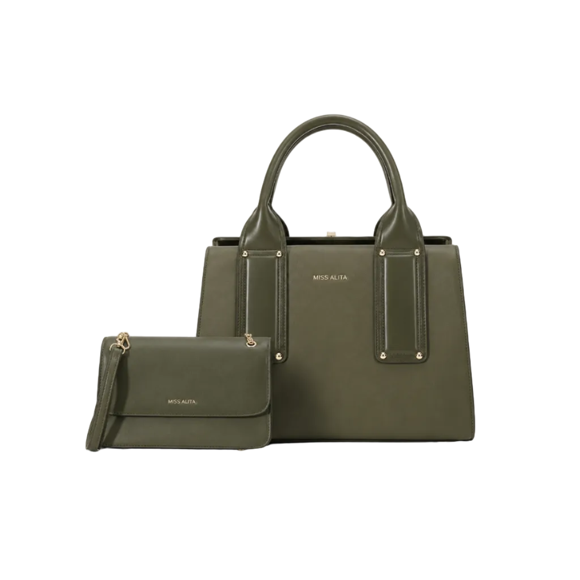 MISS ALITA olive green two-piece handbag set featuring a structured top-handle handbag, matching flap crossbody bag, detachable shoulder strap, and gold-tone hardware on a white background.