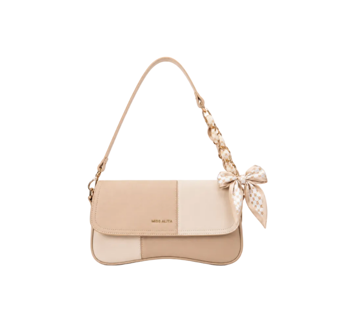 MISS ALITA apricot shoulder bag with a curved silhouette, decorative gold chain wrapped in a printed scarf, matching bow accent, and elegant minimalist design.