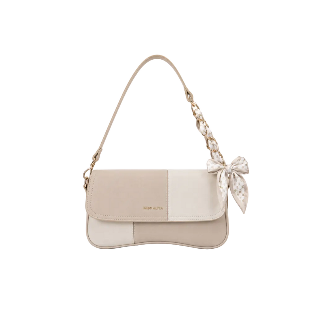 MISS ALITA beige shoulder bag featuring a curved silhouette, gold-tone chain wrapped with a printed scarf, decorative bow accent, and a premium minimalist design.