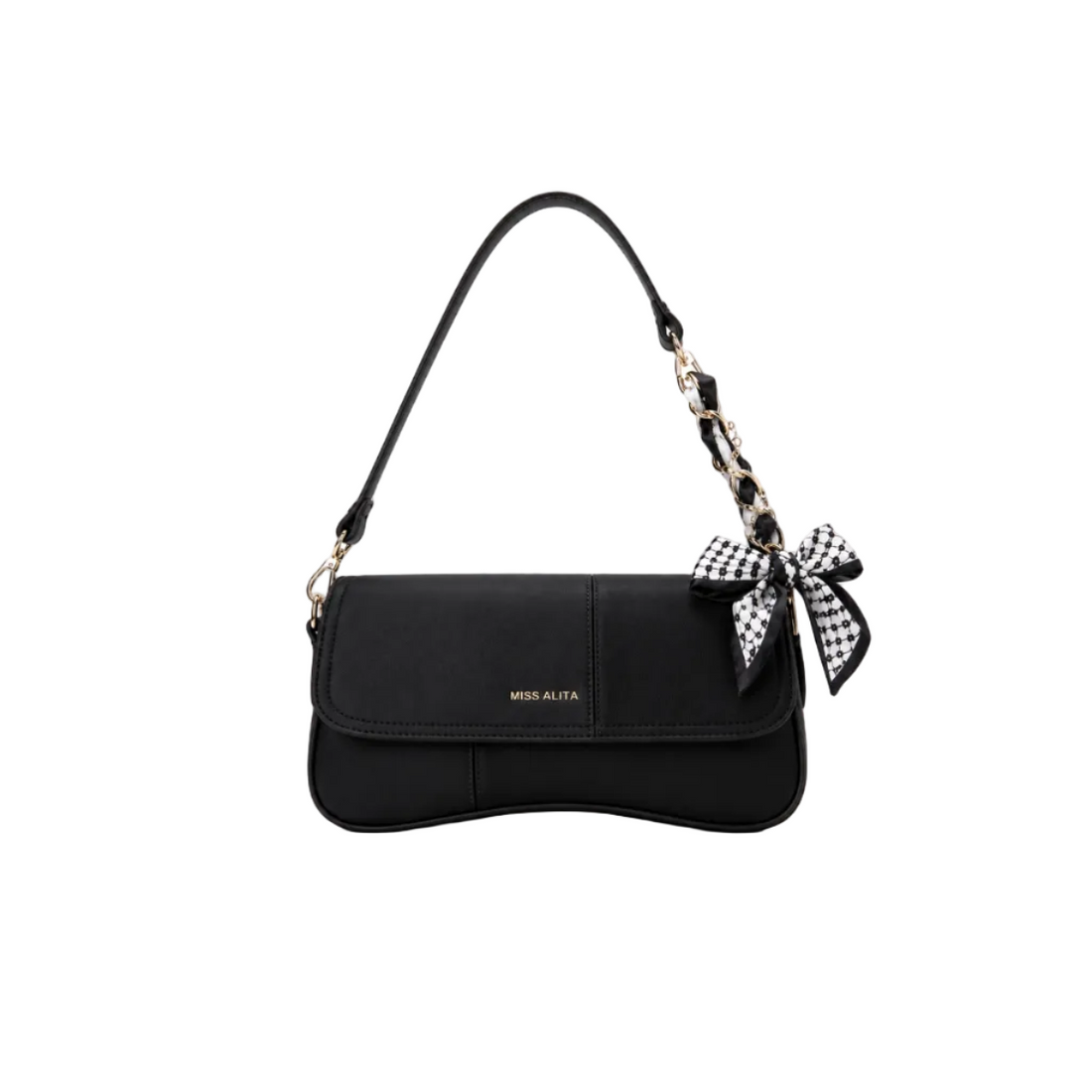 MISS ALITA black shoulder bag featuring a curved silhouette, gold-tone chain wrapped with a printed scarf, decorative bow accent, and a premium minimalist design.