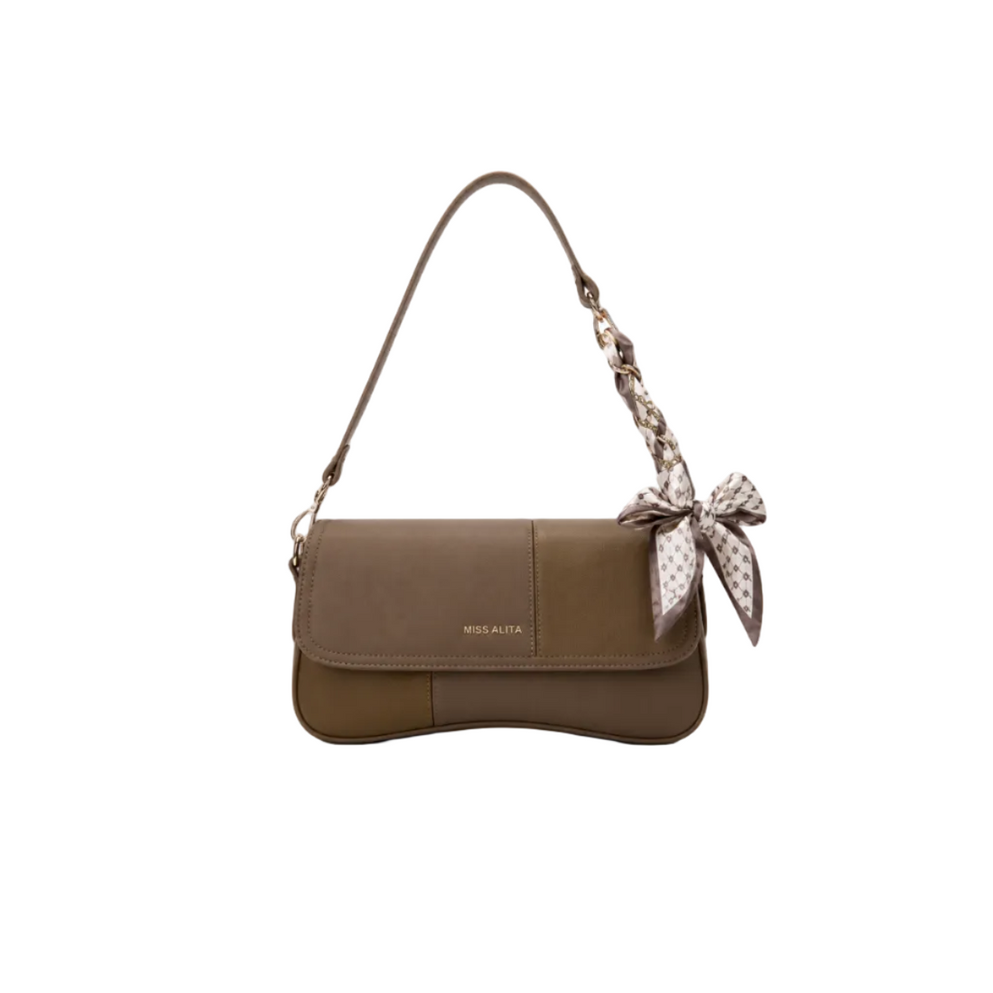 MISS ALITA brown shoulder bag featuring a curved silhouette, gold-tone chain wrapped with a printed scarf, decorative bow accent, and a premium minimalist design.