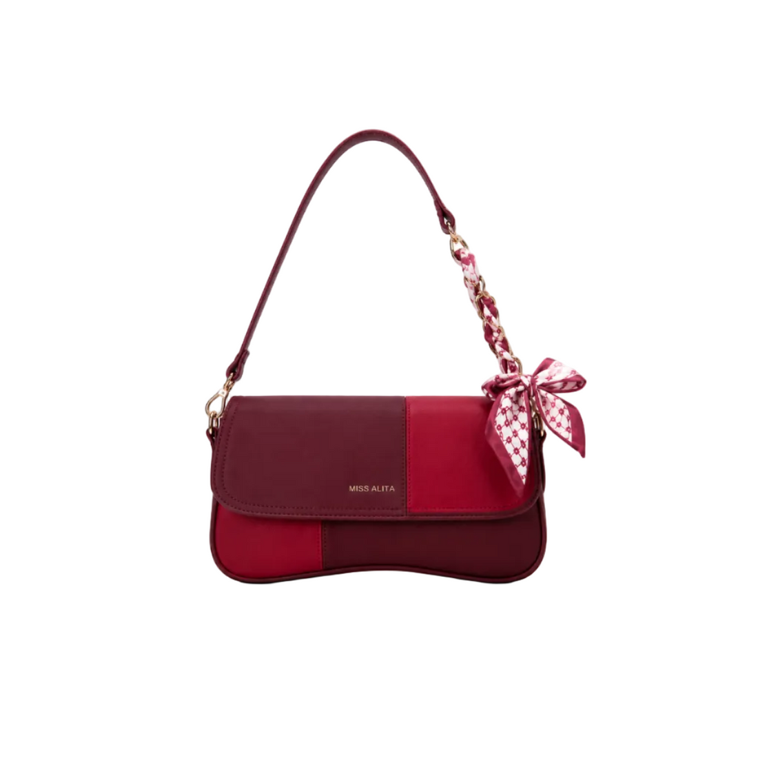 MISS ALITA burgundy shoulder bag featuring a curved silhouette, gold-tone chain wrapped with a matching printed scarf, decorative bow accent, and a premium minimalist design.