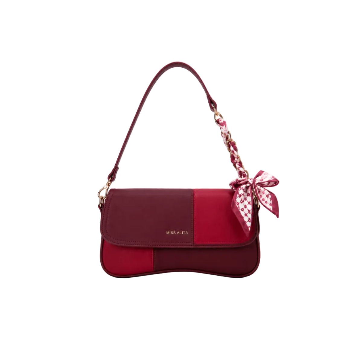 MISS ALITA burgundy shoulder bag featuring a curved silhouette, gold-tone chain wrapped with a matching printed scarf, decorative bow accent, and a premium minimalist design.