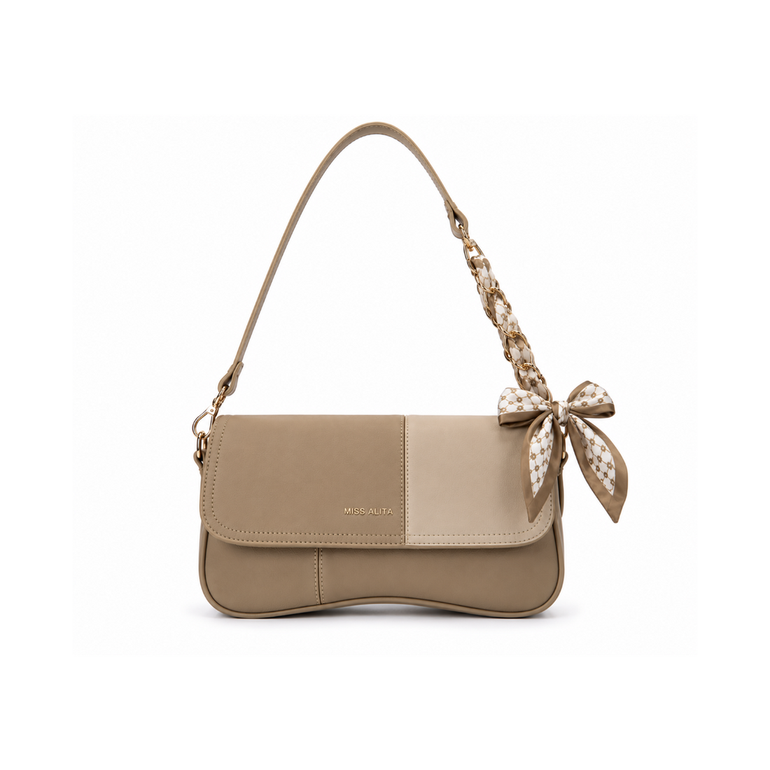 MISS ALITA taupe shoulder bag featuring a curved silhouette, gold-tone chain wrapped with a matching printed scarf, decorative bow accent, and a premium minimalist design.