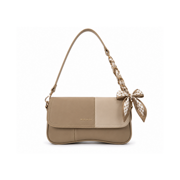 MISS ALITA taupe shoulder bag featuring a curved silhouette, gold-tone chain wrapped with a matching printed scarf, decorative bow accent, and a premium minimalist design.