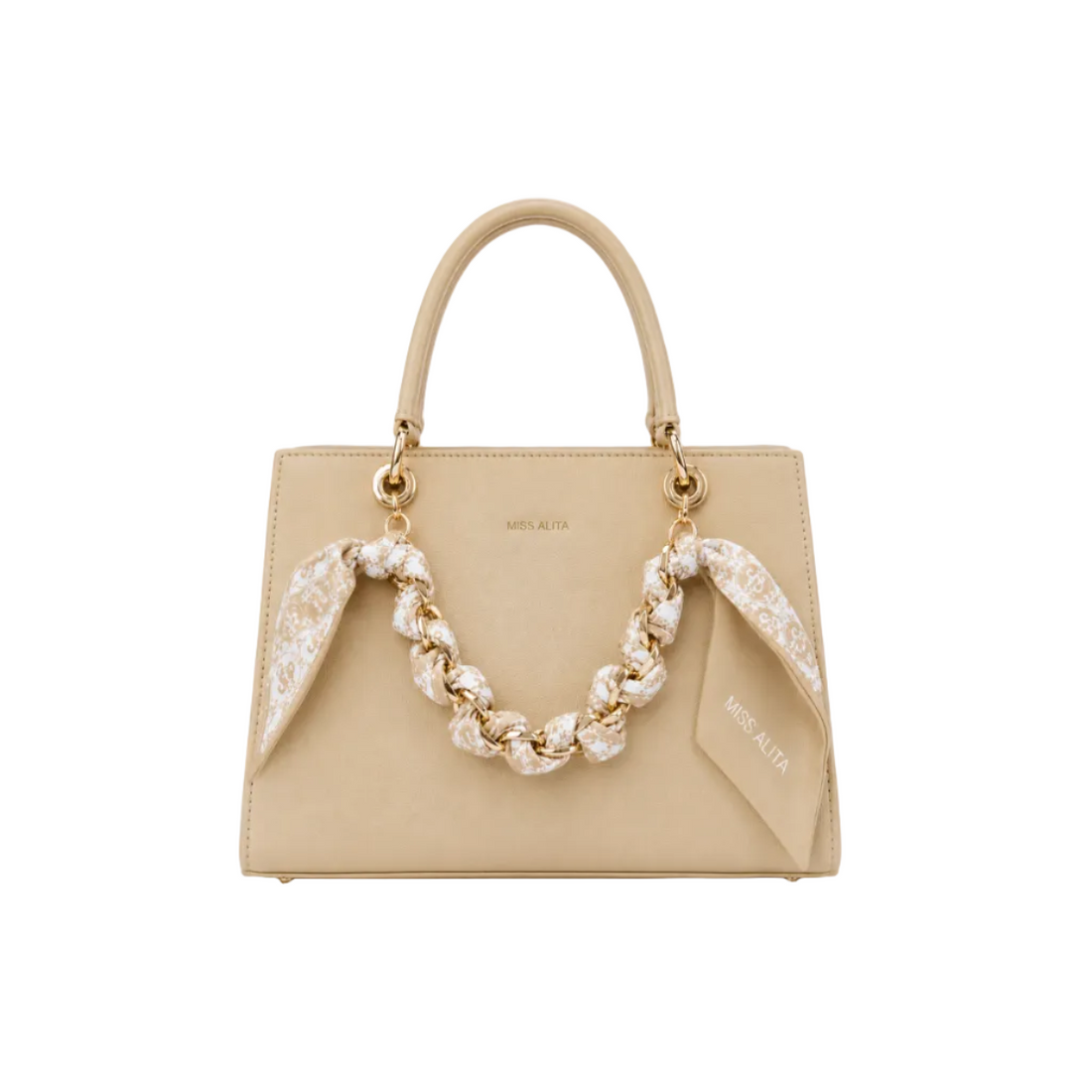 MISS ALITA apricot structured tote handbag with gold-tone chain wrapped in a matching printed scarf, top handles, and elegant minimalist design suitable for everyday and formal wear.