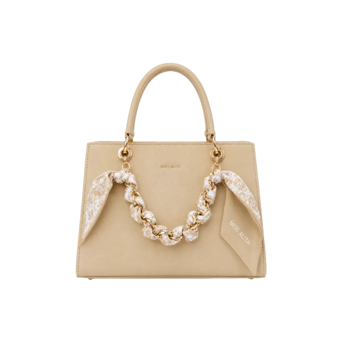 MISS ALITA apricot structured tote handbag with gold-tone chain wrapped in a matching printed scarf, top handles, and elegant minimalist design suitable for everyday and formal wear.