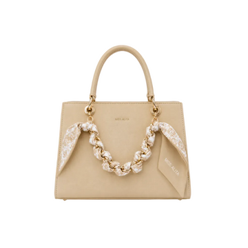 MISS ALITA apricot structured tote handbag with gold-tone chain wrapped in a matching printed scarf, top handles, and elegant minimalist design suitable for everyday and formal wear.