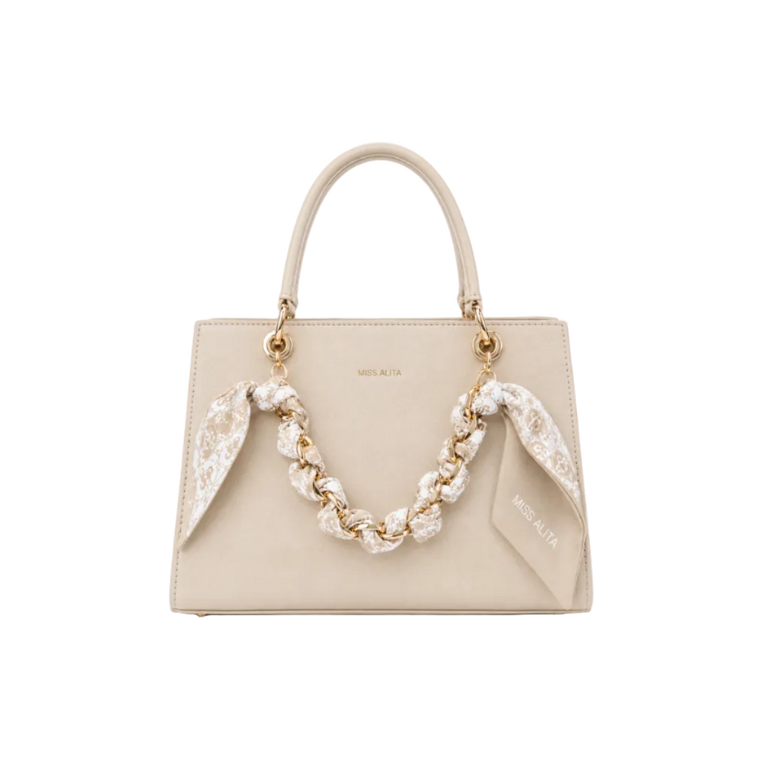 MISS ALITA structured beige tote handbag featuring a gold-tone chain wrapped with a matching printed scarf, elegant top handles, and a spacious design for everyday and formal use.
