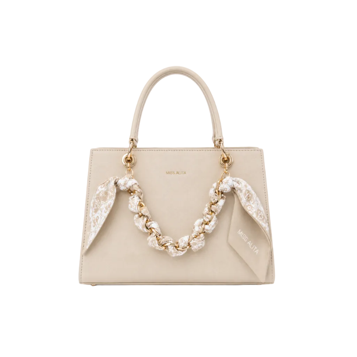 MISS ALITA structured beige tote handbag featuring a gold-tone chain wrapped with a matching printed scarf, elegant top handles, and a spacious design for everyday and formal use.