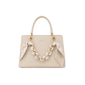 MISS ALITA structured beige tote handbag featuring a gold-tone chain wrapped with a matching printed scarf, elegant top handles, and a spacious design for everyday and formal use.