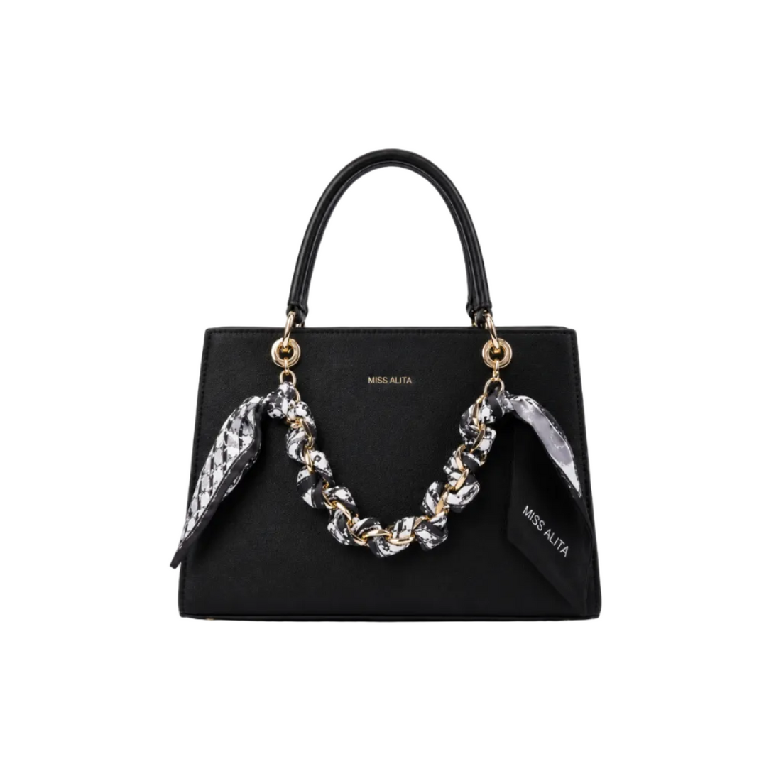 MISS ALITA structured black tote handbag with gold-tone chain wrapped in a black and white printed scarf, elegant top handles, and a spacious everyday design.