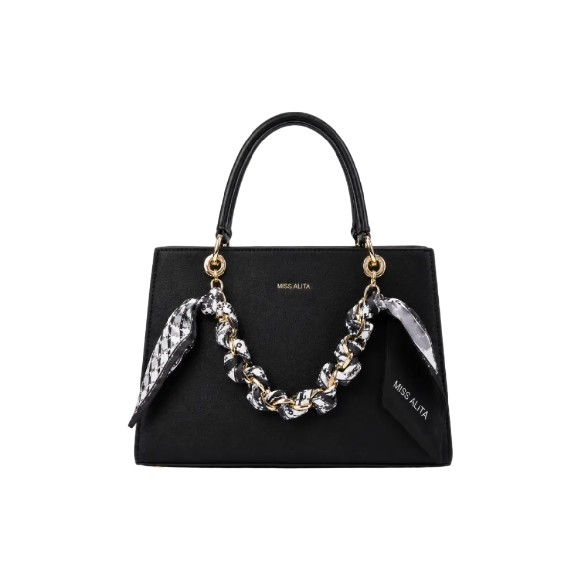 MISS ALITA structured black tote handbag with gold-tone chain wrapped in a black and white printed scarf, elegant top handles, and a spacious everyday design.