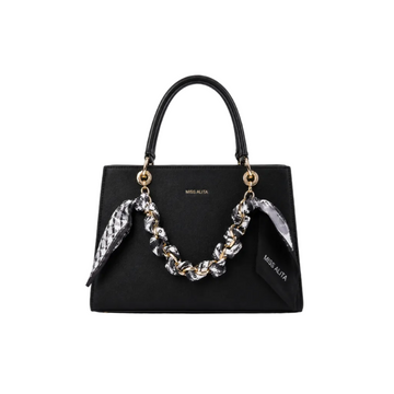 MISS ALITA structured black tote handbag with gold-tone chain wrapped in a black and white printed scarf, elegant top handles, and a spacious everyday design.