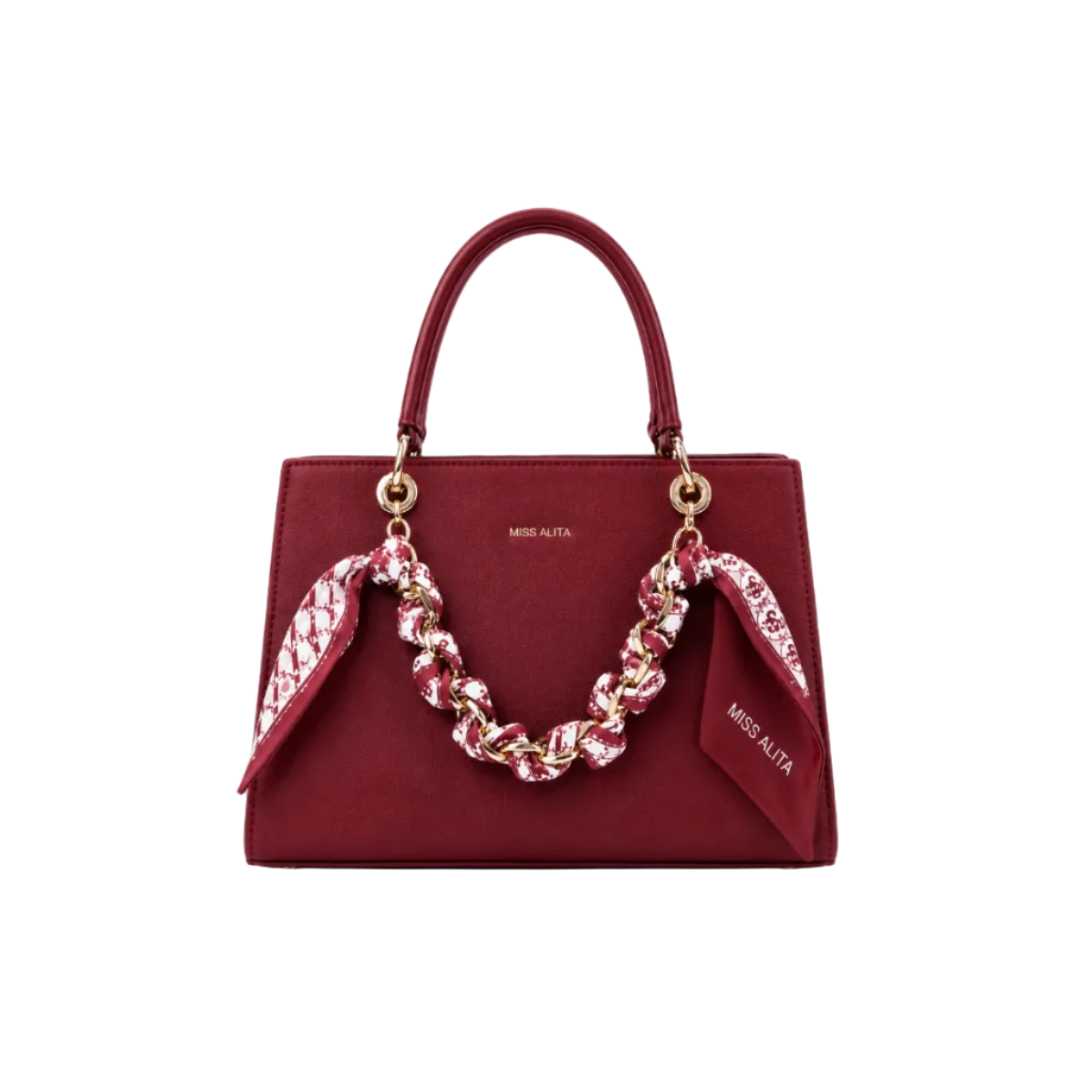MISS ALITA structured burgundy tote handbag featuring a gold-tone chain wrapped with a matching printed scarf, elegant top handles, and a spacious everyday design.