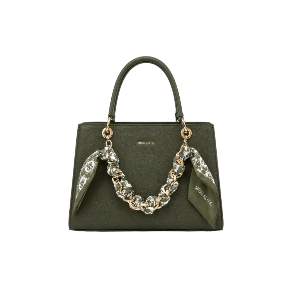MISS ALITA structured olive green tote handbag featuring a gold-tone chain wrapped with a matching printed scarf, elegant top handles, and a spacious everyday design.