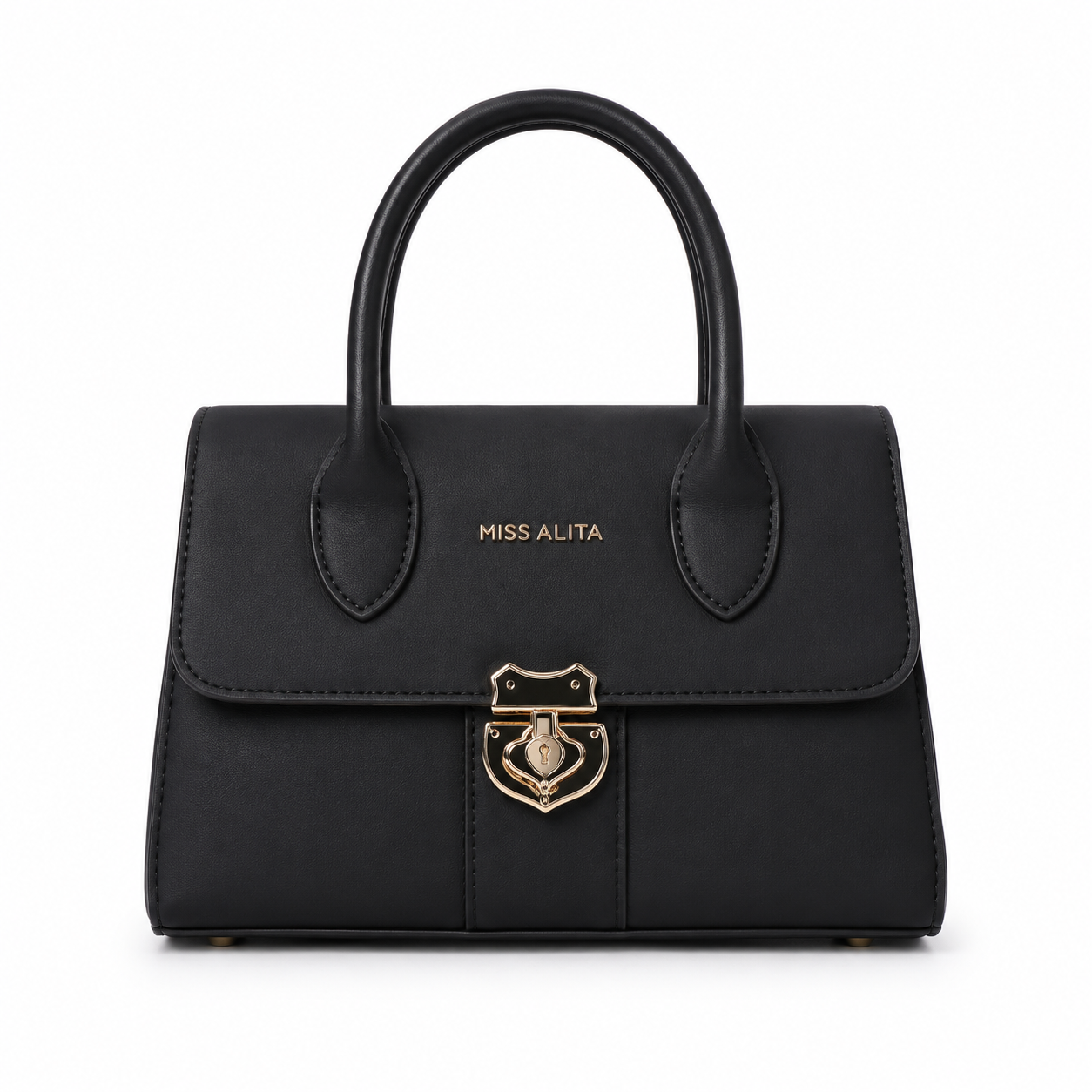 MISS ALITA black structured top handle handbag with gold-tone lock closure, smooth leather-look finish, and elegant classic design.