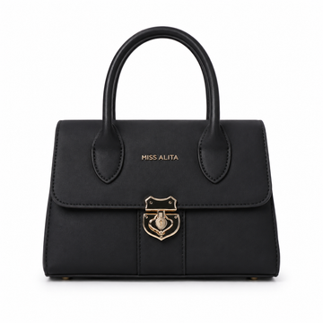 MISS ALITA black structured top handle handbag with gold-tone lock closure, smooth leather-look finish, and elegant classic design.