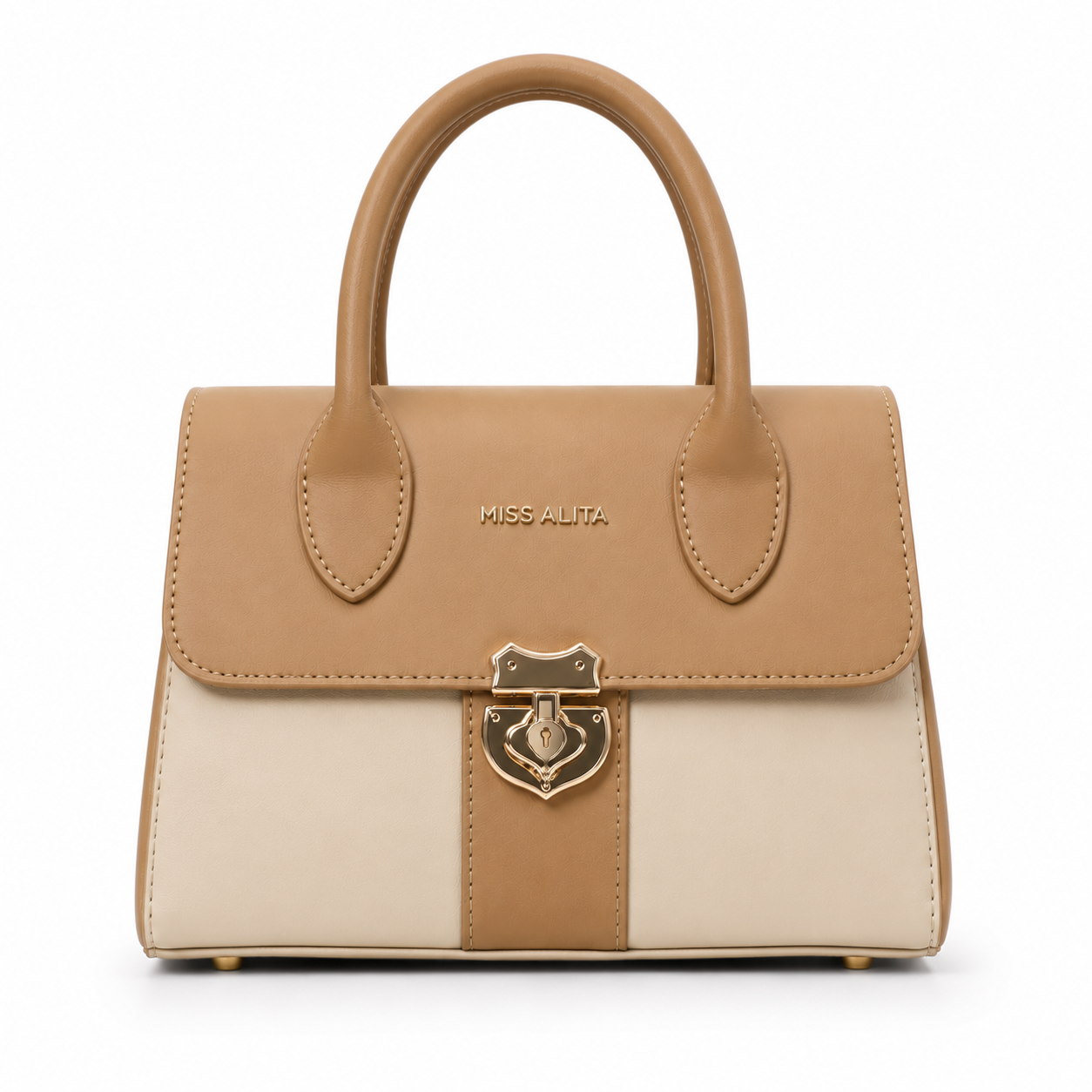 MISS ALITA camel and off-white structured top handle handbag with a gold-tone lock closure and elegant two-tone design for everyday wear.