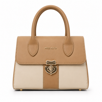 MISS ALITA camel and off-white structured top handle handbag with a gold-tone lock closure and elegant two-tone design for everyday wear.