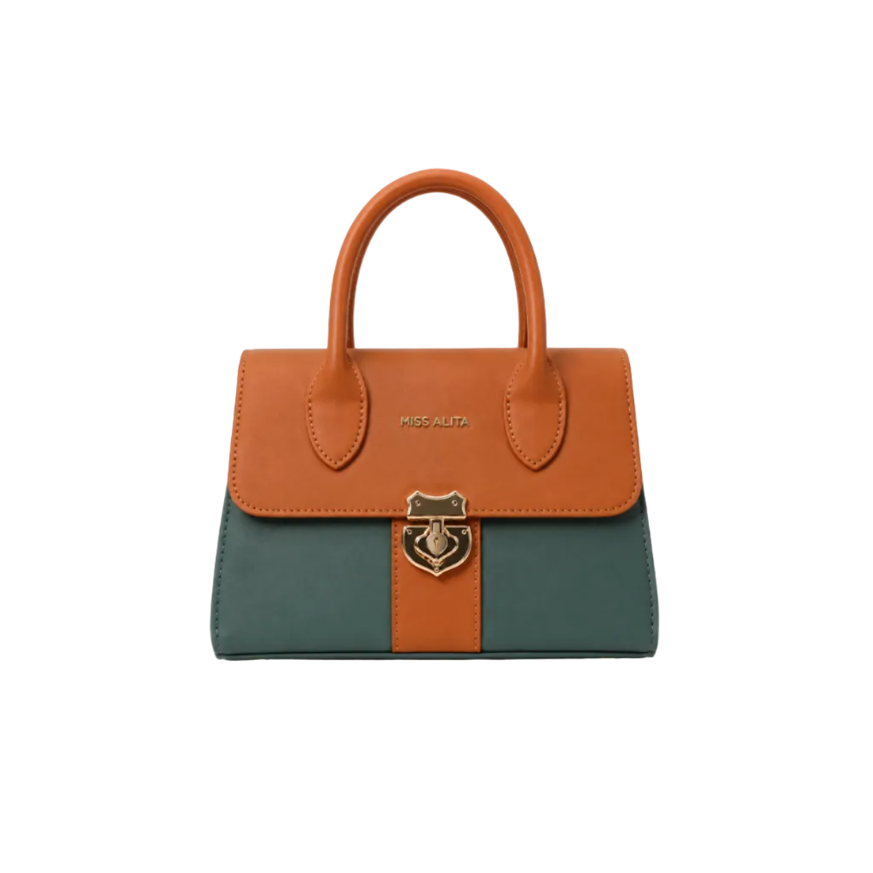MISS ALITA orange and sage green structured top handle handbag featuring a gold-tone lock closure and elegant two-tone design for everyday wear.
