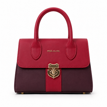 MISS ALITA red and burgundy structured top handle handbag with a gold-tone lock closure and elegant two-tone design for everyday and formal wear.