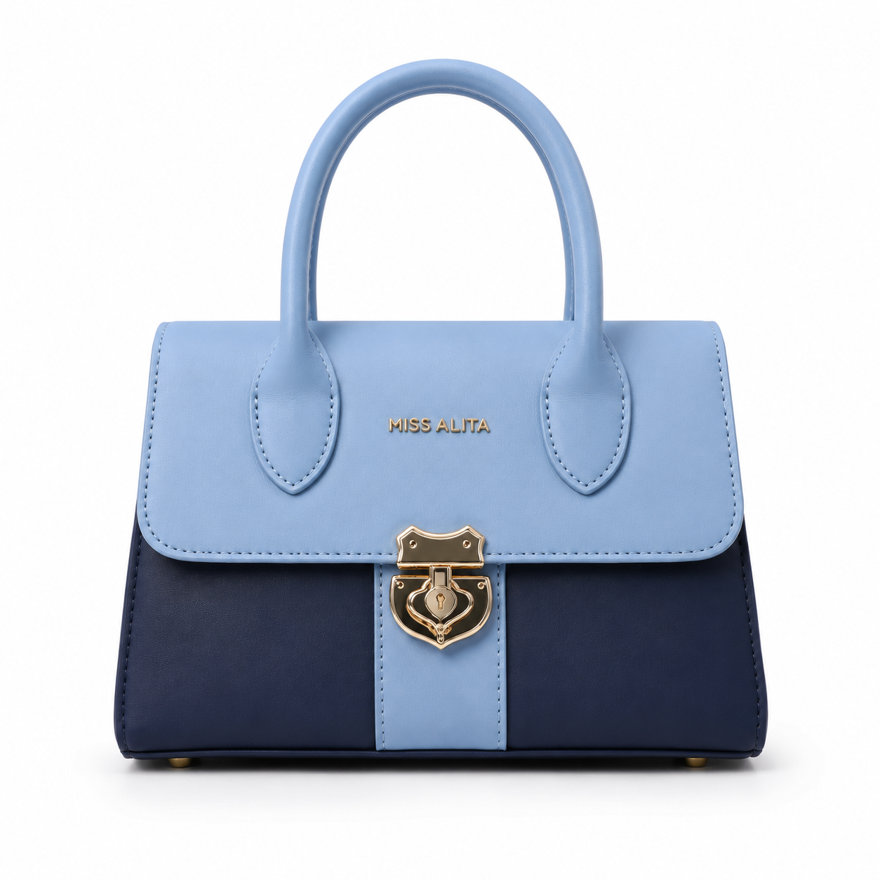MISS ALITA sky blue and navy structured top handle handbag featuring a gold-tone lock closure and elegant two-tone design for everyday wear.